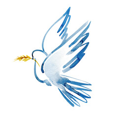 Pray for Ukraine, a dove with a wheat ear wishes for peace. Bird of Peace and kindness