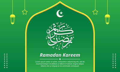 Wall Mural - Ramadan Kareem Green Background with Circle Calligraphy, Crescent, Star, and Lantern Vector