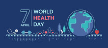 World Health Day - Heart Beat Wave Line Connect To Globe World With Hearts Symbol, Stethoscope, Dumbbell, Exercise Person And Apple Around And Abstract Dot On Blue Background Vector Design