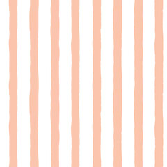 Wall Mural - Vertical stripes hand-painted seamless vector background. Coral pink peach stripes wavy brush stroke lines repeating pattern. Striped abstract feminine backdrop texture for fabric, wrapping, decor.