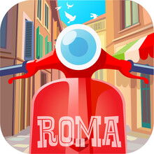 Rome. Vector Illustration Of Red Motorbike On The Rome Street. Typical Roman Landscape. Rome  Landmark Traveling Poster