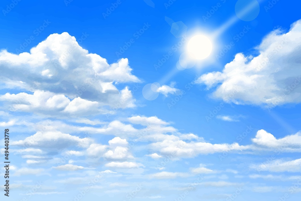 Vetor do Stock 太陽の光り輝く空に雲と青空に飛行機雲の飛ぶ美しい