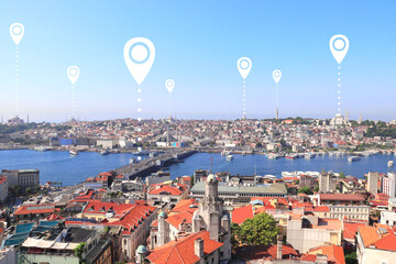 Sticker - Network connection concept. Aerial view on  Istanbul with location pin