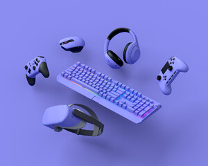 Poster - flying gamer gears like keyboard, joystick, headphones, vr glasses, microphone