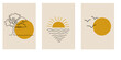 Collection of modern simple minimalist landscape abstractions (sketch): horizon with tree, sun (sunset or sunrise) over the ocean and flying birds on the beach