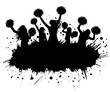 Silhouette of cheerleaders with pompoms and grunge blots, elements. Cheerleading sport. Vector illustration