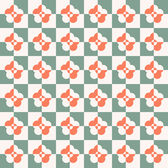 Poster - Checkered seamless pattern with cut geometric shaped flowers. Colorful aesthetic vector background in retro style 60s, 70s.	
