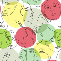 Wall Mural - Abstract drawing of women's faces with black lines on a colored background with circles. Seamless pattern.