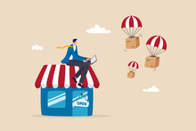 Dropshipping Business Model By Open E-commerce Website Store And Let Supplier Ship Product Directly To Customer Concept, Businessman Using Computer With Delivery Drop Ship Package Flying Parachute.