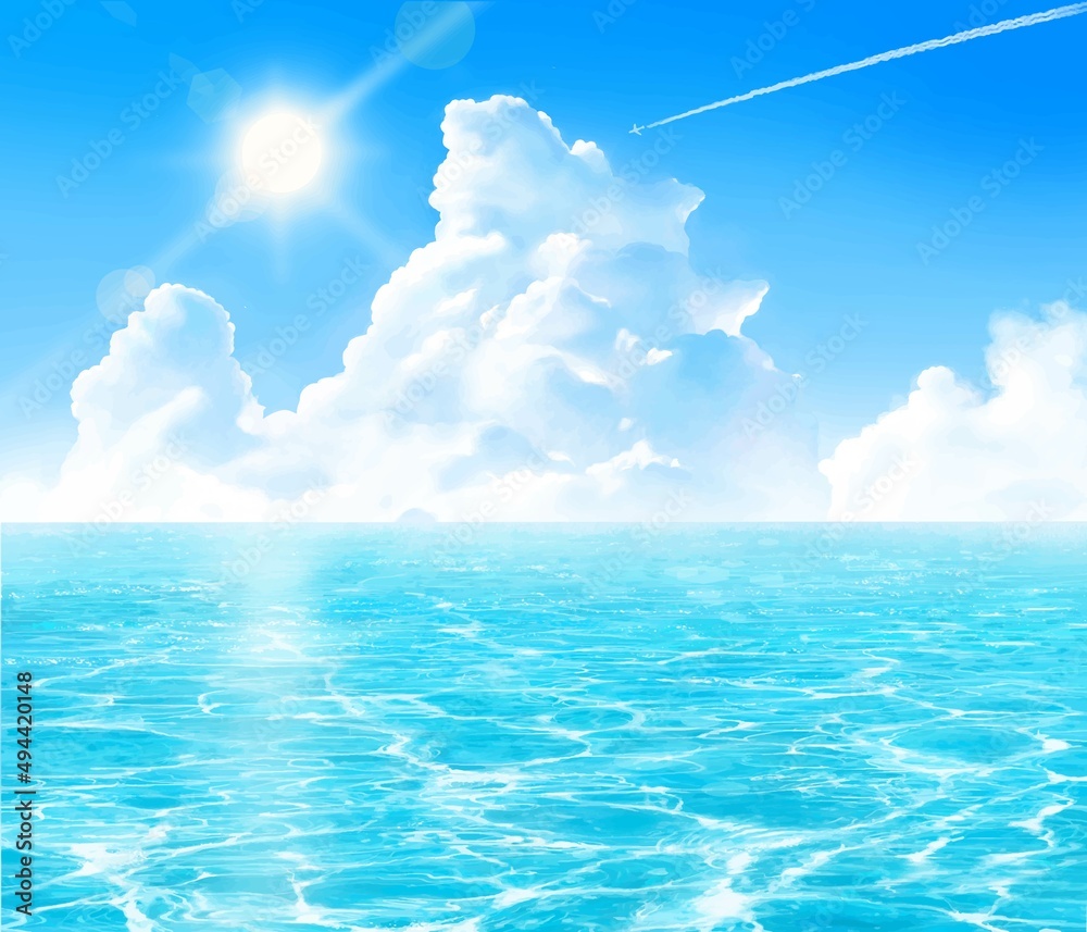 Vector de Stock 太陽の下入道雲の青い空と飛行機雲と海のゆらめく波の