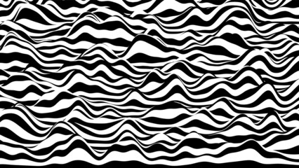 Poster - Trendy 3D zebra black and white stripes distorted backdrop. Procedural ripple background with optical illusion effect