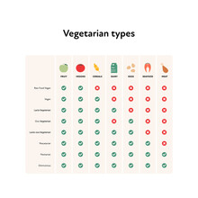 Vegetarian Types Comparison Chart. Vector Flat Illustration. Food Types Spreadsheet For Raw, Vegan, Ovo, Lacto, Pescatarian, Flexitarian And Omnivorous Diet With Checkmark Isolated On White Background