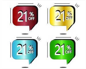 21% off. Red, yellow, blue and green stickers. Vector with four colorful balloons for special offers