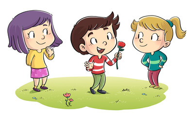 Wall Mural - Illustration of children looking at a flower