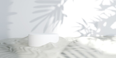 white podium on sand background for product presentation. Natural beauty pedestal, 3d illustration.