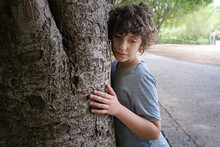 Little Boy Hug A Tree Trunk - Children Love The Nature, Sustainability Concept