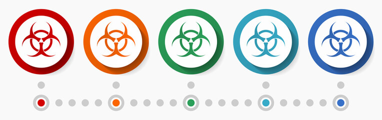 Aufkleber - Biohazard, pandemic concept vector icon set, flat design colorful buttons, infographic template in 5 color options