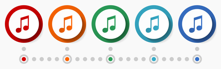 Aufkleber - Note, music concept vector icon set, flat design colorful buttons, infographic template in 5 color options