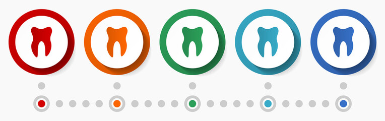 Aufkleber - Tooth, dentist, dental concept vector icon set, flat design colorful buttons, infographic template in 5 color options