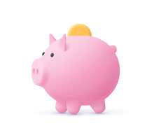 Piggy Bank With Coin. Money Saving, Banking, Finance, Economy, Investment Concept. 3d Vector Icon. Cartoon Minimal Style.