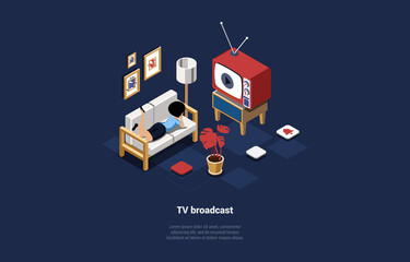 TV Broadcast, Social Networking, Media And World News Concept. Woman Watching TV At Home Lying On The Sofa. Character Is Watching News About Situation In The World. Isometric 3d Vector Illustration