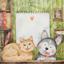 Cat And Husky In The Room With Green Wallpapers, Bookshelf And Empty White Sheet Of Paper On The Background. Cat And Dog Sit On Table In Old-fashioned Room. Watercolor Template
