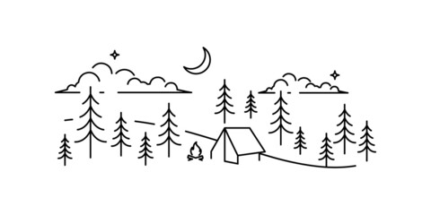 Minimalist camping in a forest line art vector illustration design