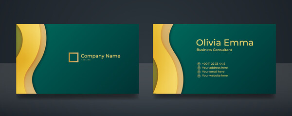 Wall Mural - Business card design with elegant green pattern. Modern concept with golden decoration art. Vector illustration print template.