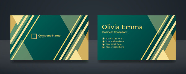 Wall Mural - Business card design with elegant green pattern. Modern concept with golden decoration art. Vector illustration print template.