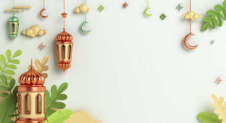 Wall Mural - Islamic decoration background with crescent moon, lantern, leaves cartoon style, ramadan kareem, mawlid, iftar, isra  miraj, eid al fitr adha, muharram, copy space, 3D illustration.