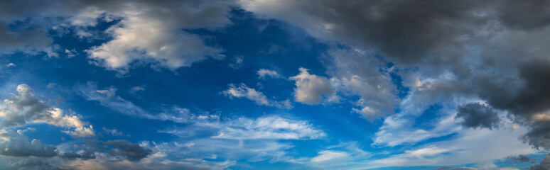 Wall Mural - panorama blue sky and dark clouds.fluffy cloud in the blue sky background.vivid sky on dark cloud be