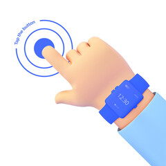 Poster - Cartoon hand holding a phone. Smartphone mockup. The finger taps on the phone. Vector isolated illustration 3d style