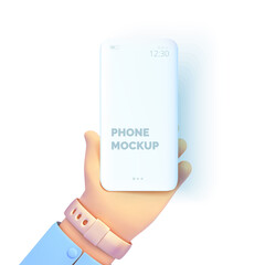 Poster - Cartoon hand holding a phone. Smartphone mockup. The finger taps on the phone. Vector isolated illustration 3d style
