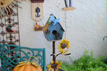 Weathered Old Blue Bird House In A Garden