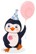 A cute cartoon penguin in a party hat carries a balloon.