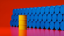 Rack With Blue Barrels And A Freestanding Yellow Barrel On A Red Background. Backdrop Or Wallpaper. 3d Render