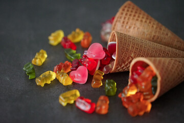 Waffle cone filled with colored jellies