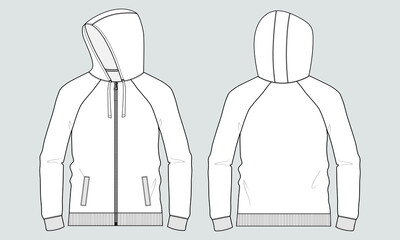 Long sleeve hoodie With zipper and pocket Technical fashion flat sketch vector illustration template Front and back views. Clothing sweater jacket Mock up Cad.