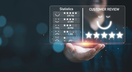 Poster - Businessman holding virtual monitor screen for client excellent evaluate score after customer use product and service concept.