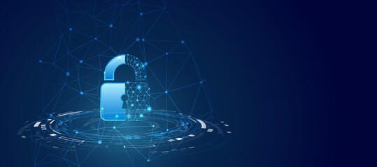 Poster - Data protection privacy concept. Padlock icon and internet technology networking connection. Cyber security internet and networking concept. Abstract circuit board.