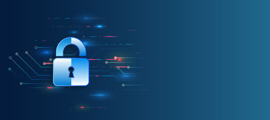 Poster - Padlock icon and internet technology networking connection. Cyber security internet and networking concept. Abstract circuit board. Data protection privacy concept.