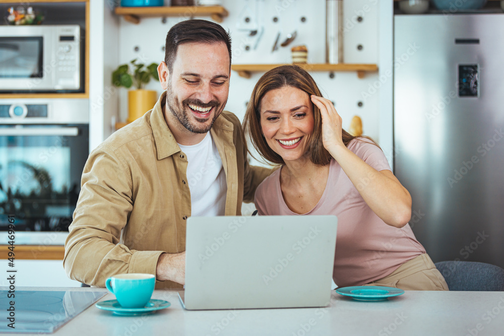 Happy family couple cuddle at desk make video call to friends using ...