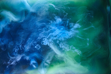 Canvas Print - Blue green smoke on black ink background, colorful fog, abstract swirling ocean sea, acrylic paint pigment underwater