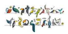Collection Of Paradise Tropical Birds. Pink Flamingo And Green Parrots On Branches. Peacocks With Toucans Etc. Childish Style For Your Design