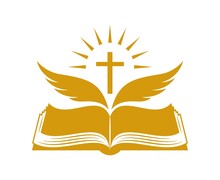Church Logo. Bible And Wings Symbol Of The Holy Spirit. Flying  Wings On The Background Of An Open Book. Shining Cross. The Word Of God That Came To Us Through The Holy Scripture. Isolated. Vector