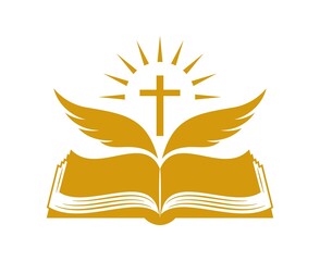 Church logo. Bible and wings symbol of the holy spirit. Flying  wings on the background of an open book. Shining cross. The Word of God that came to us through the Holy Scripture. Isolated. Vector