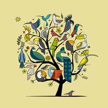 Art Tree With Paradise Tropical Birds In Childish Style For Your Design