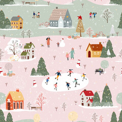 Wall Mural - Seamless pattern Winter wonderland landscape in village,Vector Happy kid playing ice skates in the park, Endless Winter city nightlife on holiday for Christmas and new year 2022 background