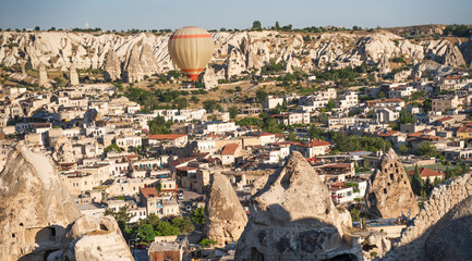 view of the evening city of goreme in cappadocia, central anatolia, turkey