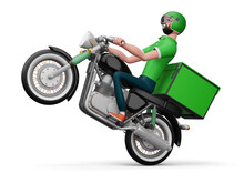 Delivery Man Riding A Motorcycle With Delivery Box, 3d Rendering